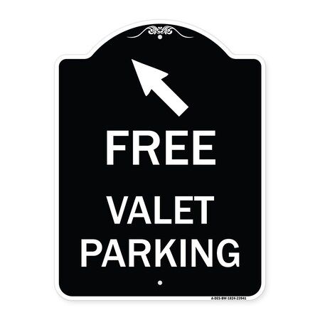 Signmission Free Valet Parking W/ Upper Left Arrow Heavy-Gauge Aluminum Sign, 24" x 18", BW-1824-23941 A-DES-BW-1824-23941
